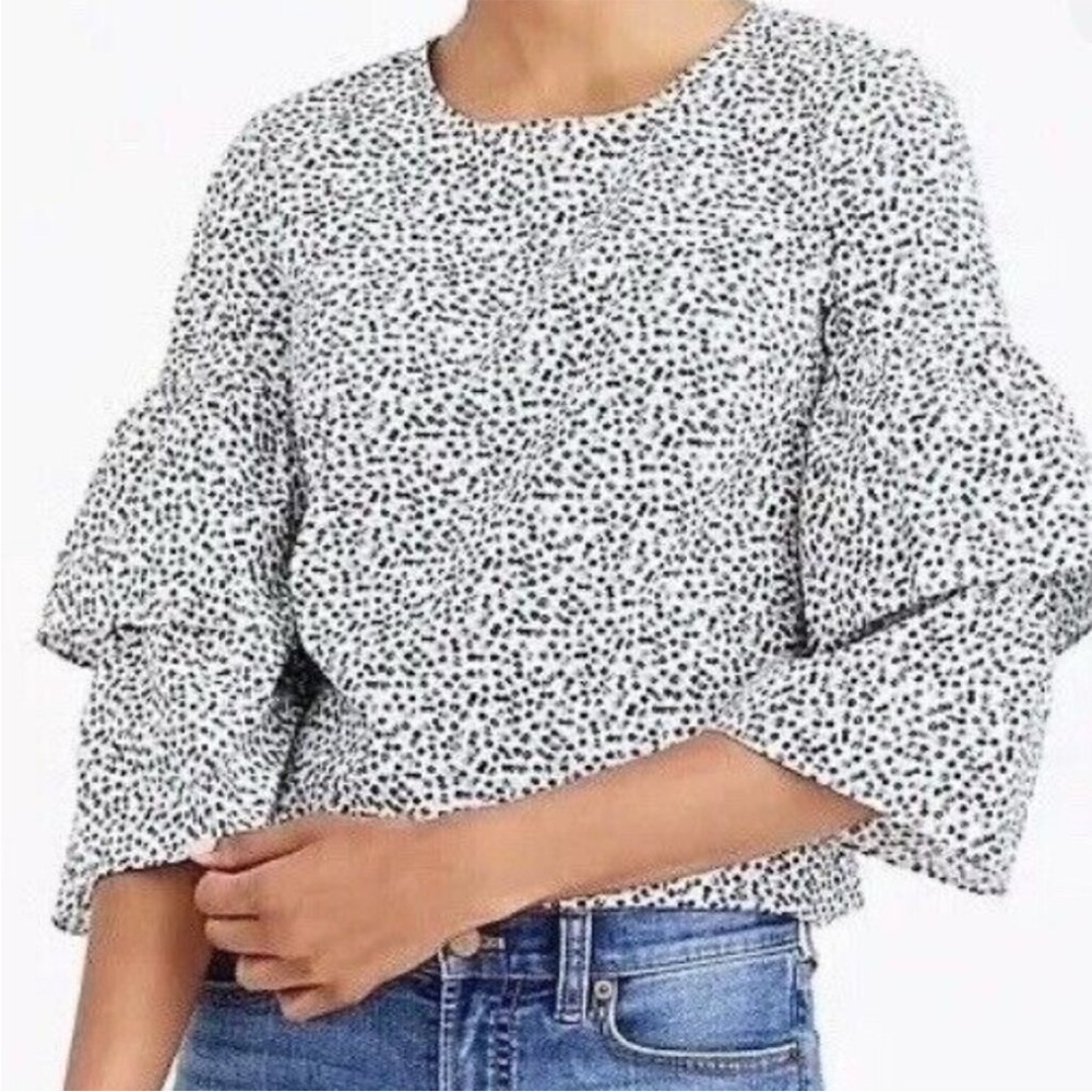 J. Crew Mercantile Blue and White Floral Tiered Bell Sleeve Blouse